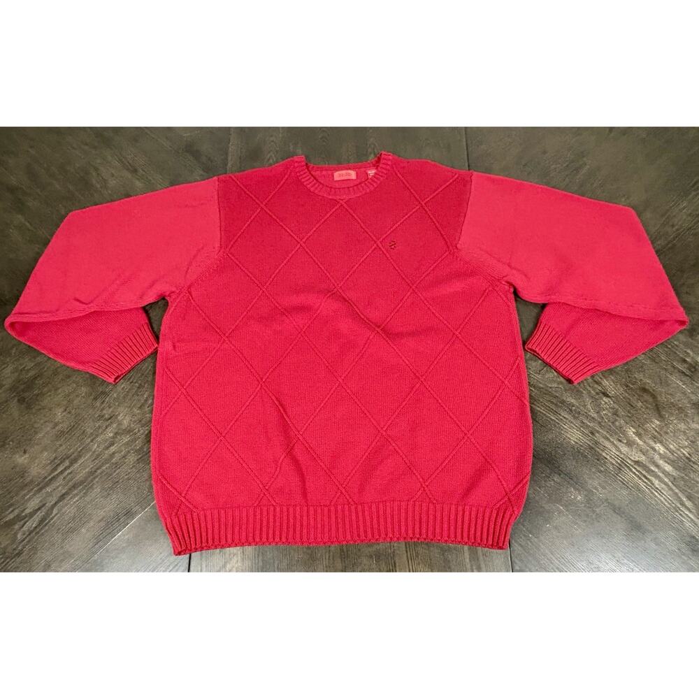 Vintage IZOD Cotton Sweater Men's Large Solid Red Diamond Pattern Christmas - Picture 2 of 11